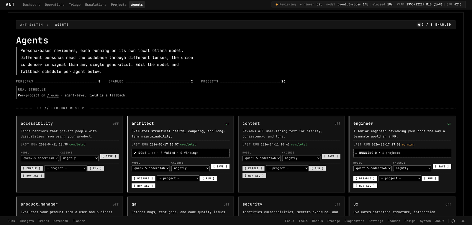 ANT Agents view — persona-based local code reviewers