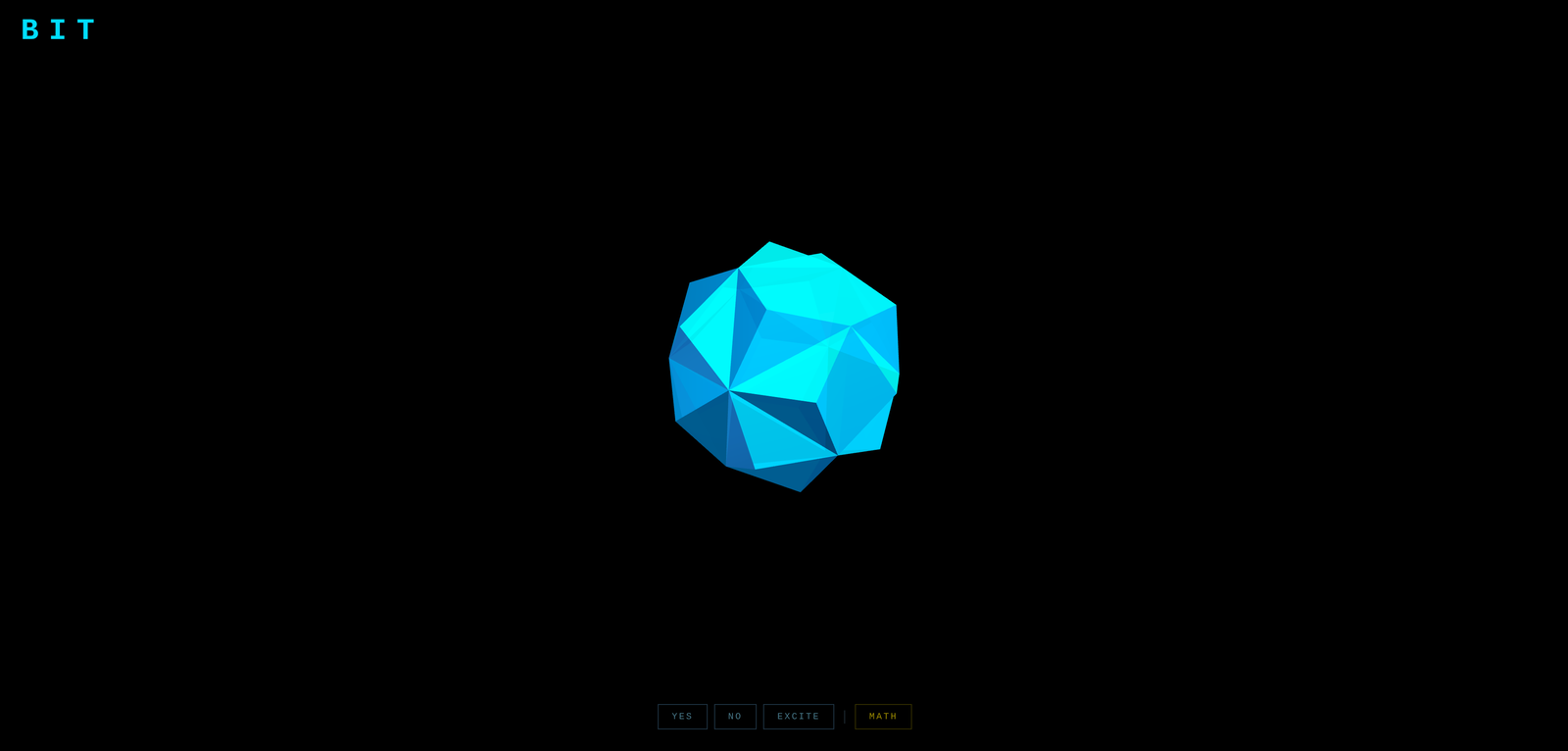 Bit — interactive crystal demo with YES/NO/EXCITE/MATH controls