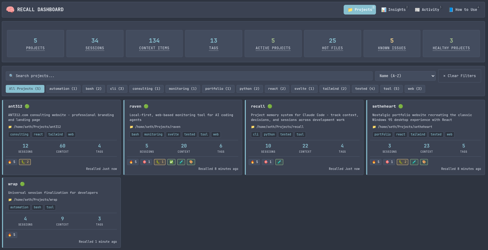 Recall dashboard — project memory system for Claude Code