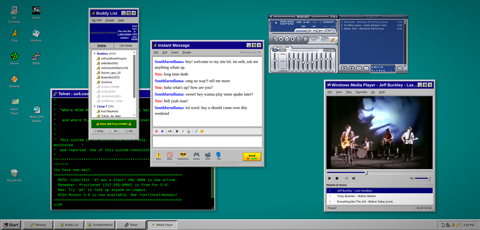 My Windows 95 desktop with Buddy List, Instant Message, and Webamp open